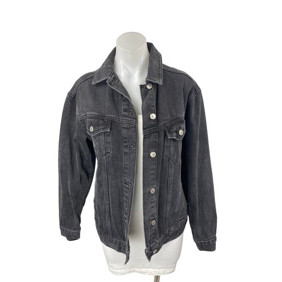 Topshop Moto Womens Black Button Down Long Sleeve Denim Jeans Coat Jacket Size 2 - Picture 1 of 4